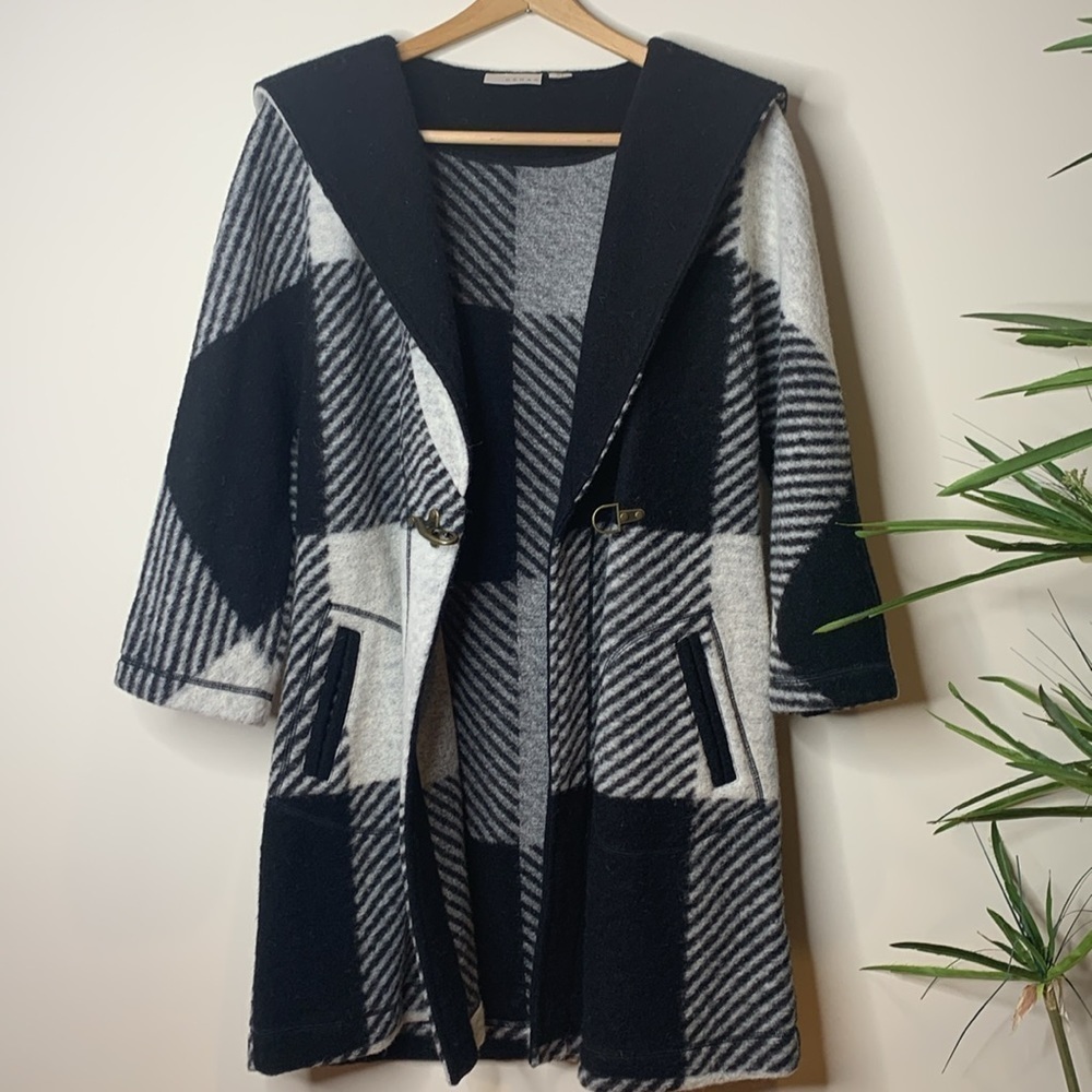 Kenar | Black White Wool Blend Color Pattern Block Hooded Cardigan Duster Coat S - Picture 2 of 16